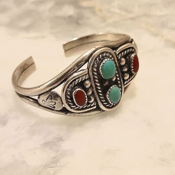 Mary S Lew Native Navajo Signed Sterling Silver Turquoise Coral Cuff Bracelet - Picture 1 of 16